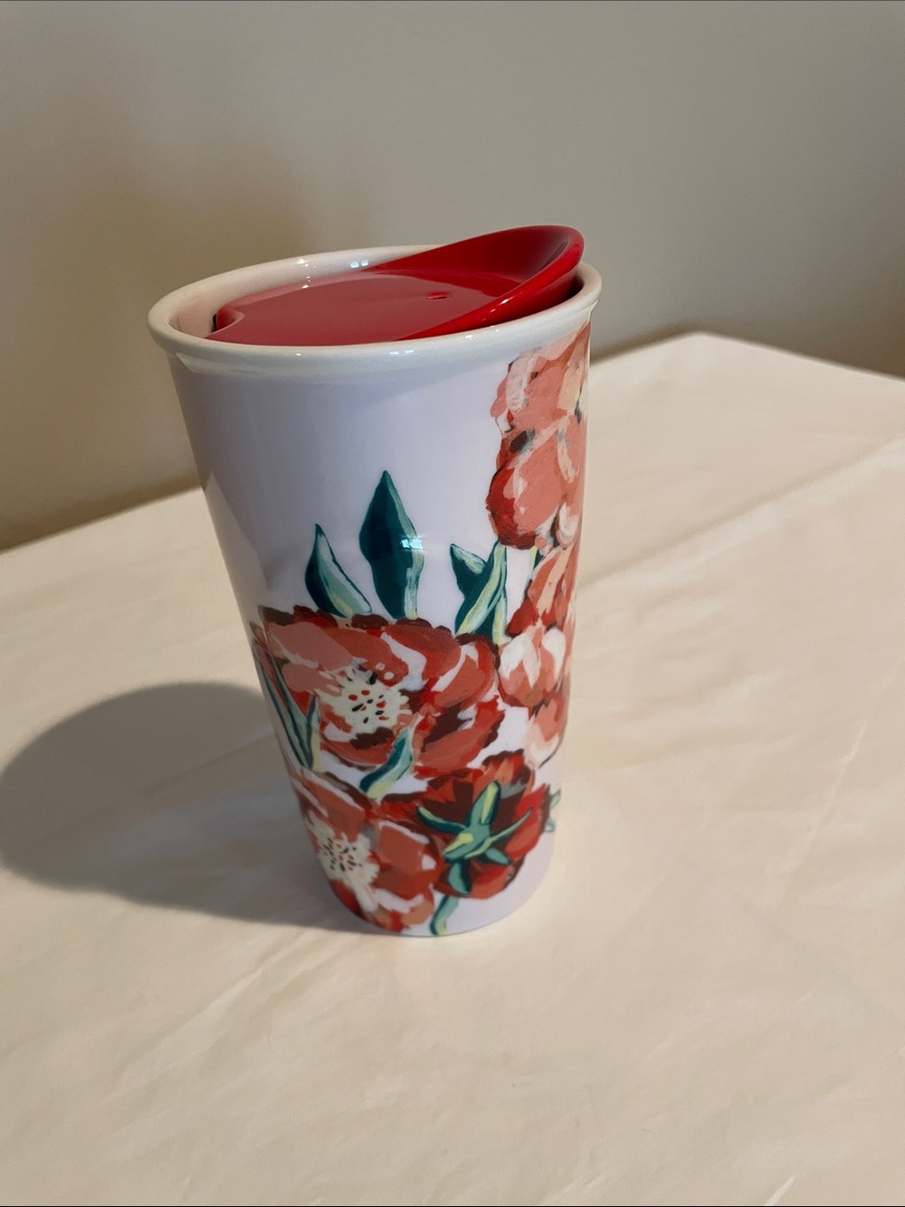 Starbucks Ceramic Tumbler with Red Floral Design